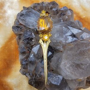 Vintage Amber Czech Glass Rhinestone Brooch Lapel Pin Austria Gold Tone RARE #84